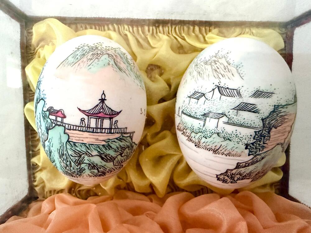 Vintage Chinese Hand Painted Eggshell Eggs Pair Silk Box Pagoda Landscape Art